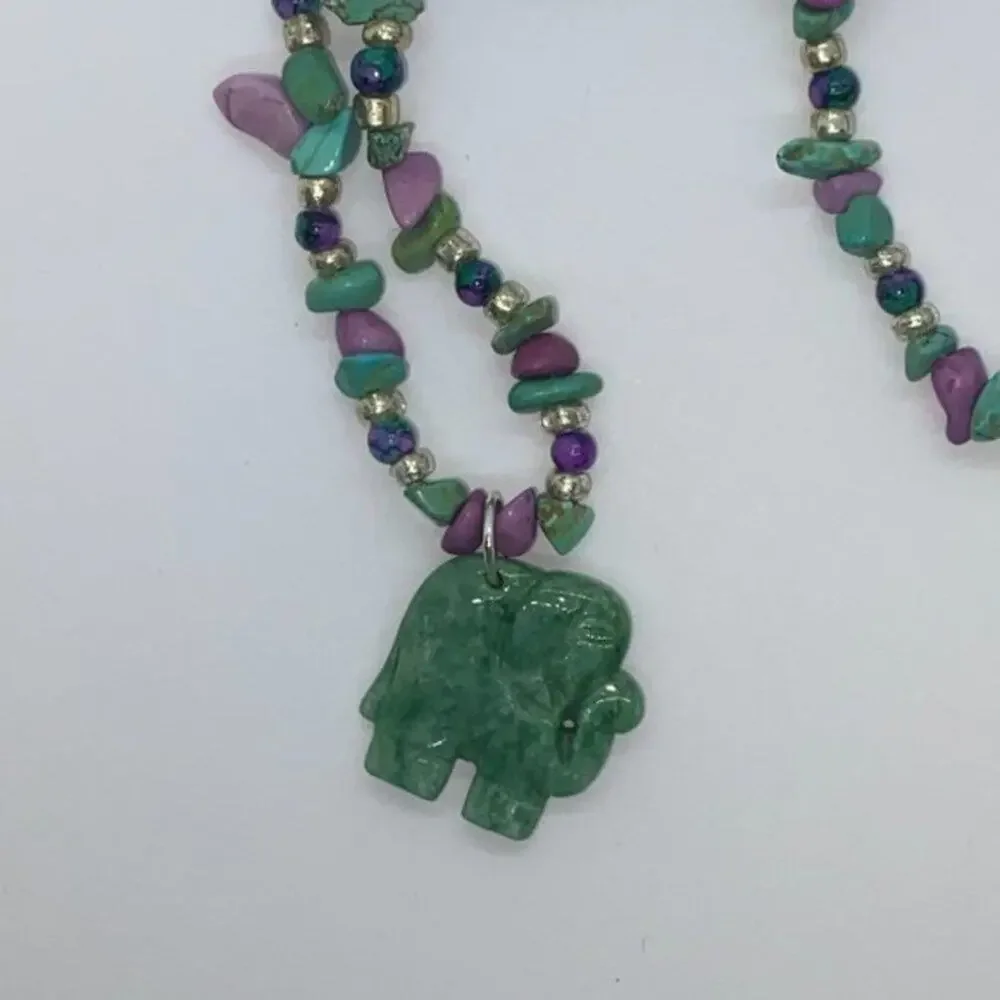 Girls Handmade Rock Beaded Green Elephant Necklace
